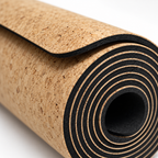 Macro detail of cork textile surface, black EPDM base and 4 mm profile on Cork & EPDM Yoga Mat