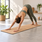 Cork & EPDM Yoga Mat used for downward-facing dog yoga practice in a bright studio