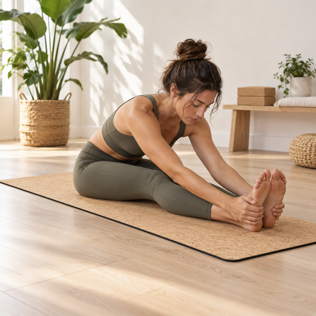 Cork & EPDM Yoga Mat used for seated forward stretch yoga practice