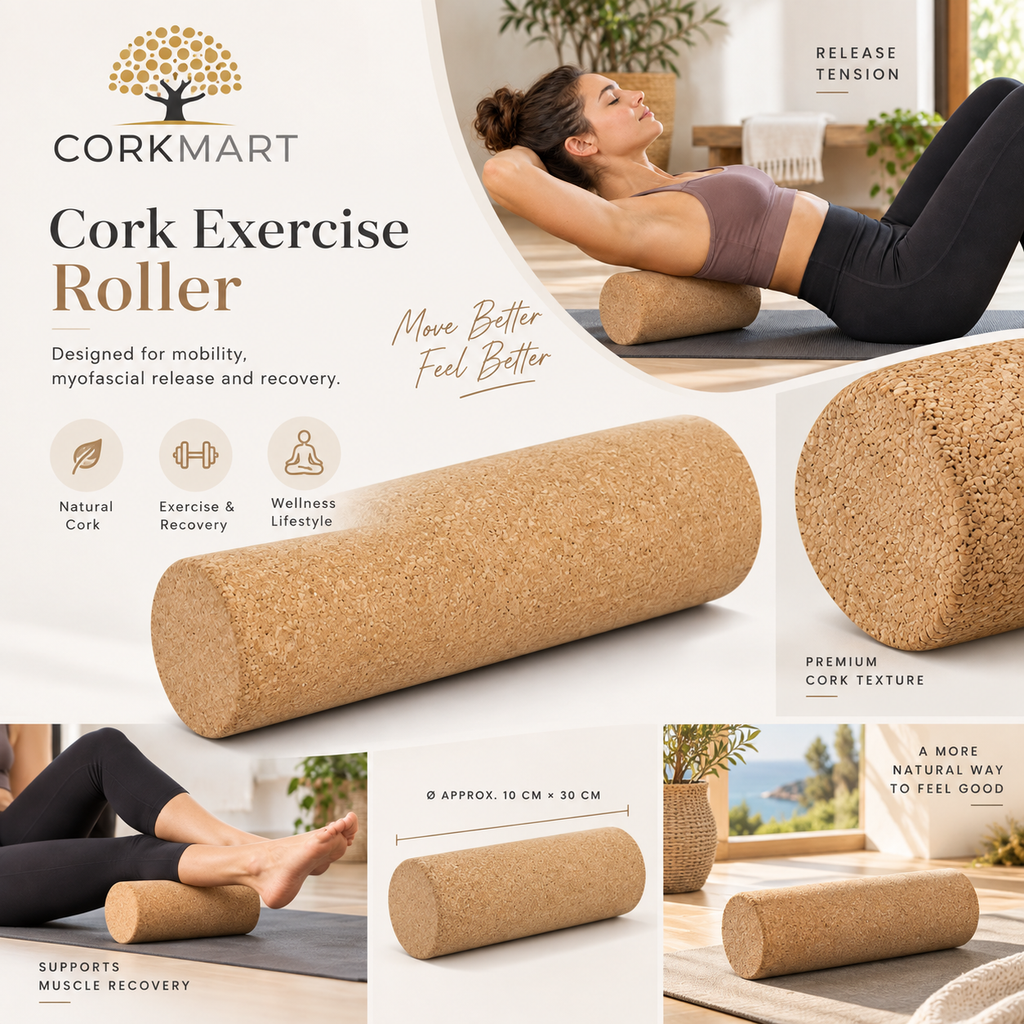 Cork Exercise Roller editorial collage with official CorkMart logo, product texture, real use and size information