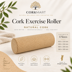Cork Exercise Roller infographic with official CorkMart logo, four available sizes, natural cork and Made in Portugal