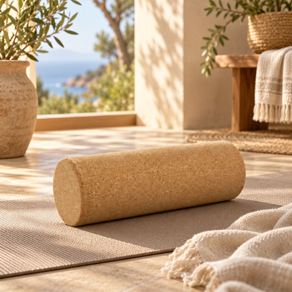 Cork Exercise Roller in a warm Mediterranean-inspired wellness setting