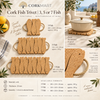 CorkMart Cork Fish Trivet infographic - 3, 5 or 7 fish variants with dimensions and weights