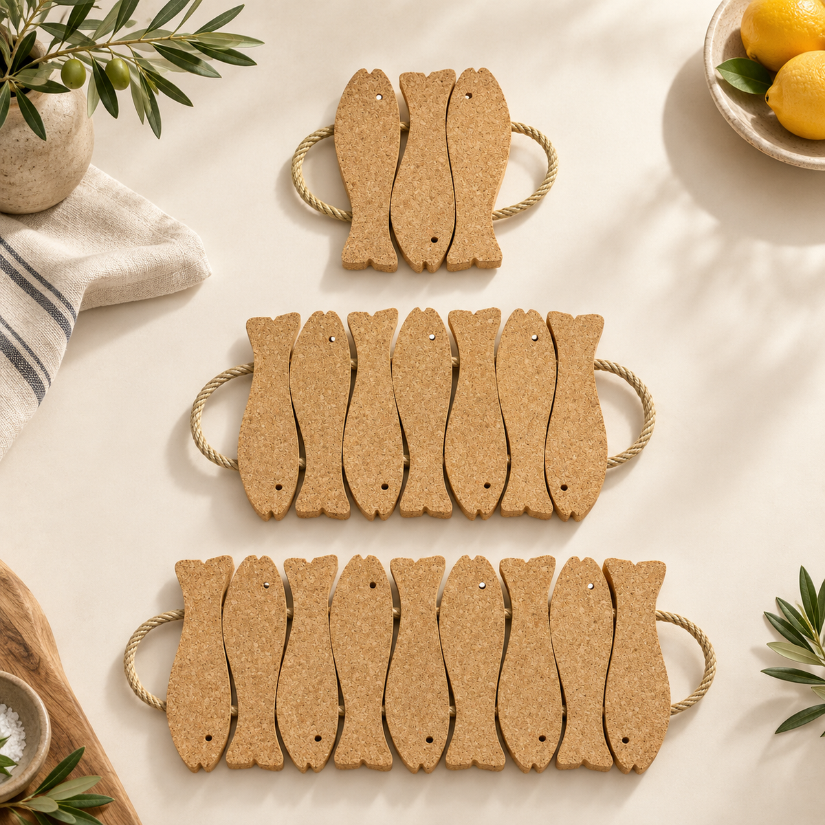 Cork Fish Trivet variants - 3, 5 and 7 fish formats in natural cork