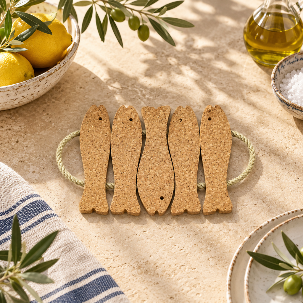 Cork Fish Trivet - 5 Fish, 310 × 210 × 20 mm, SKU 1228