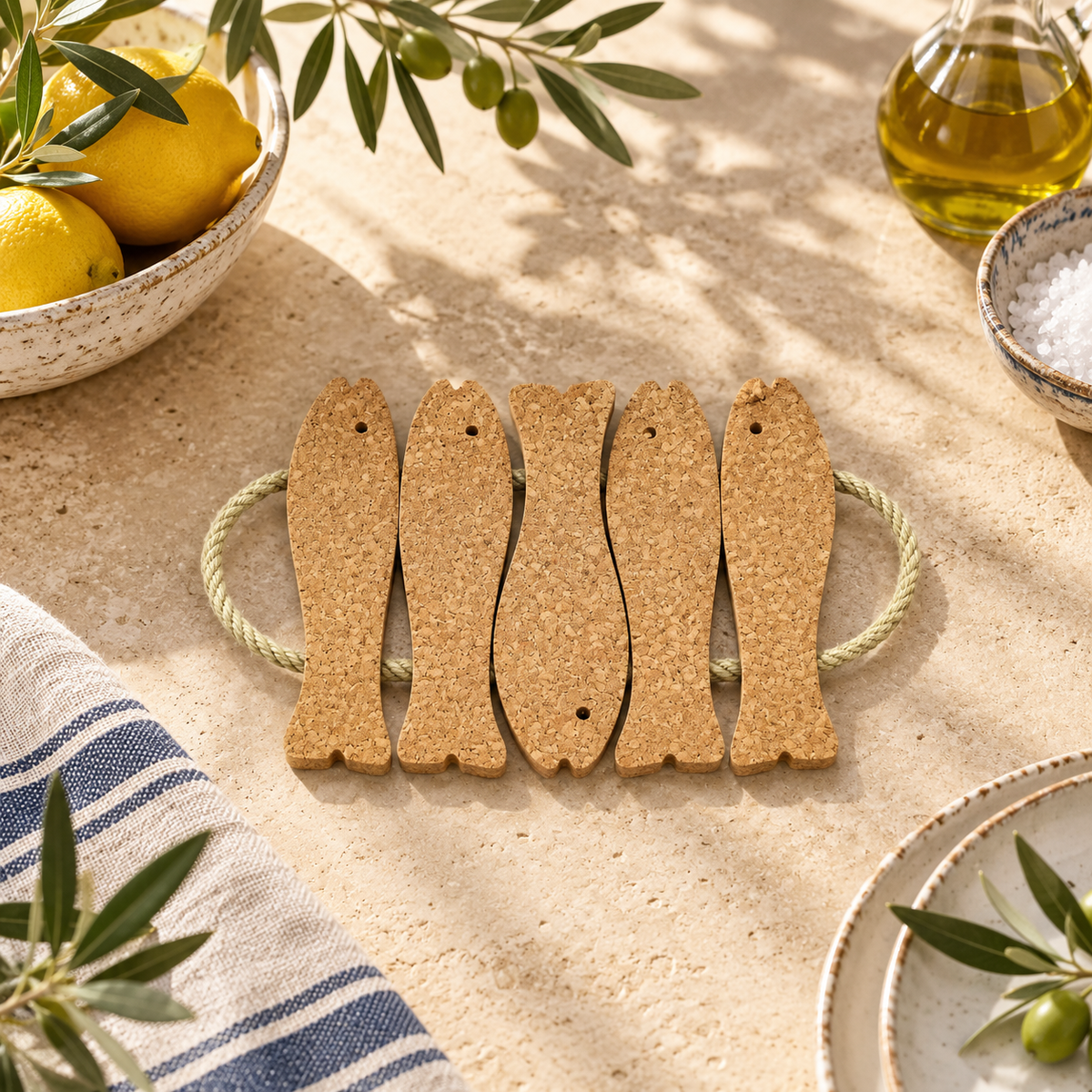 Cork Fish Trivet - 5 Fish, 310 × 210 × 20 mm, SKU 1228