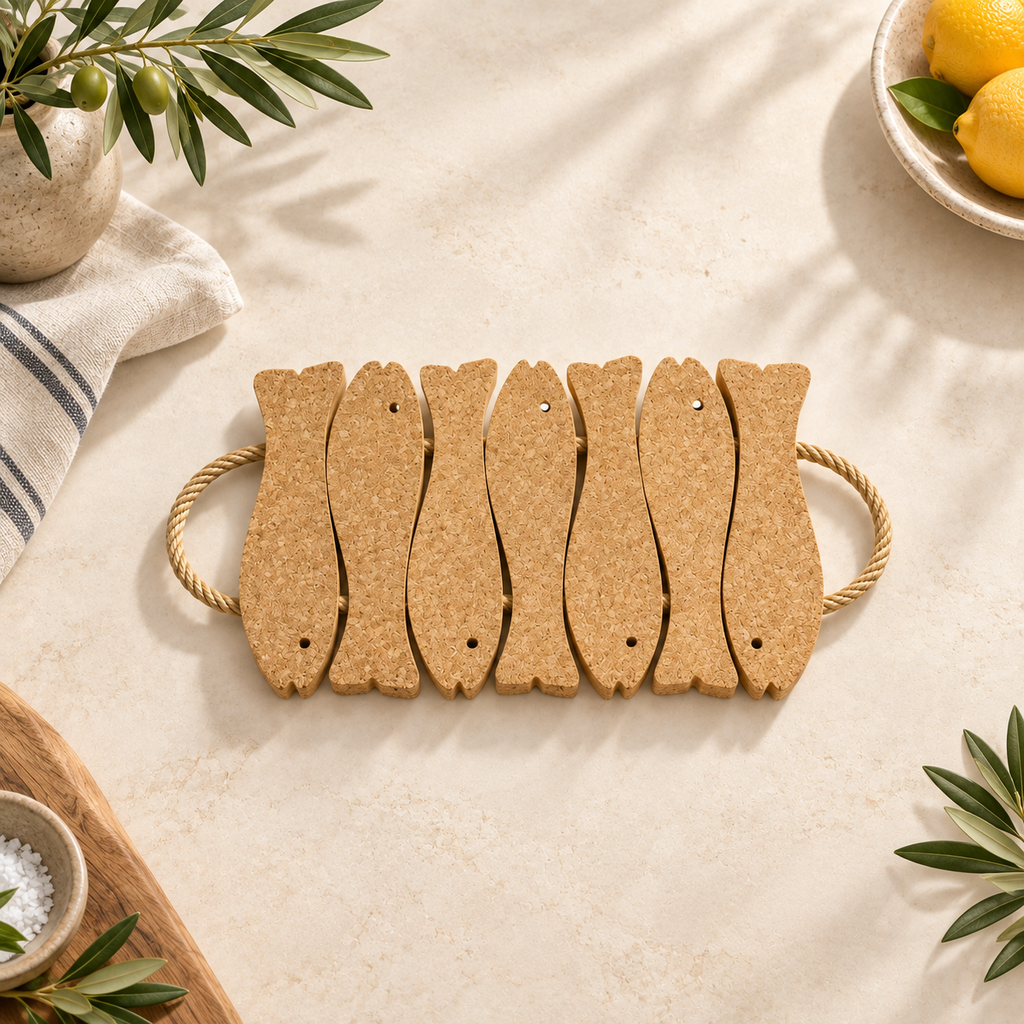 Cork Fish Trivet - 7 Fish, 400 × 210 × 20 mm, SKU 1228-7