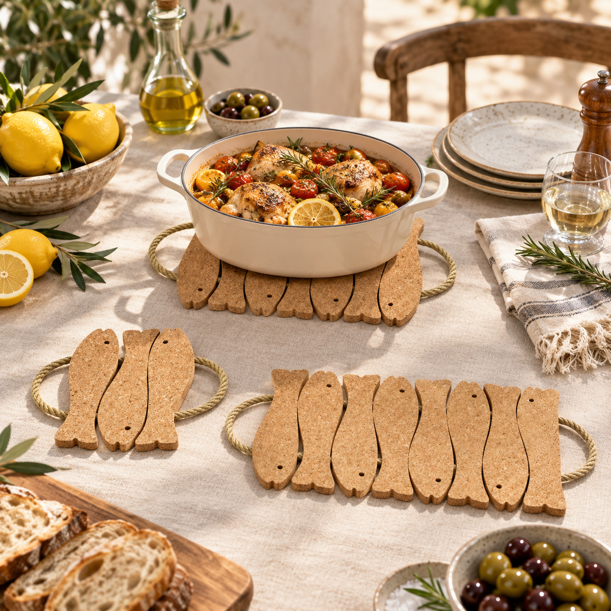 Cork Fish Trivet variants in a warm Mediterranean dining setting
