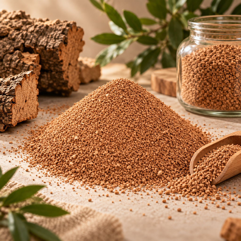 Cork Granules in a premium natural-material lifestyle setting