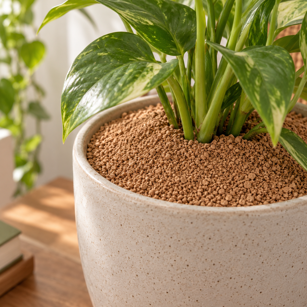 Cork Granules used as natural top dressing around a potted plant