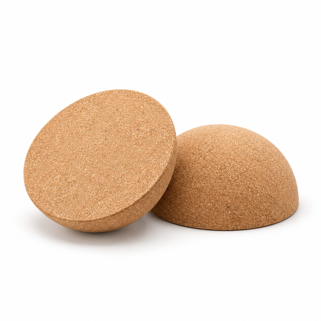 Cork Half-Moon Balance Board shown from two studio angles highlighting the flat top and curved underside