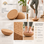 Cork Half-Moon Balance Board editorial collage with official CorkMart logo, correct use, cork texture and Ø290 × 70 mm dimensions