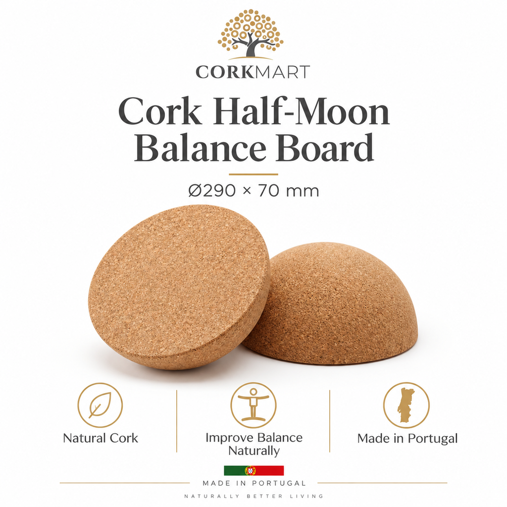 Cork Half-Moon Balance Board infographic with official CorkMart logo, Ø290 × 70 mm dimensions, natural cork and Made in Portugal
