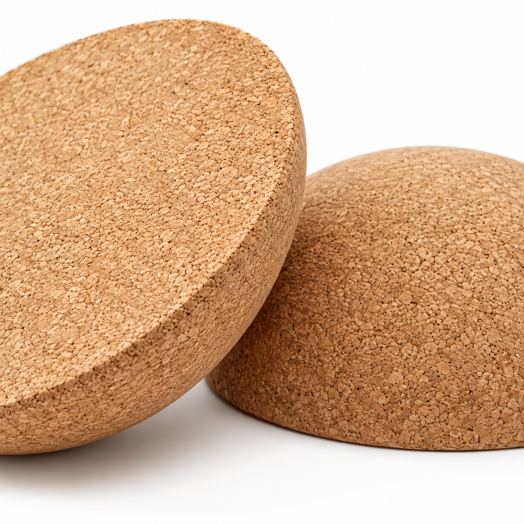 Macro detail of natural cork texture, flat standing surface and rounded curved base on Cork Half-Moon Balance Board