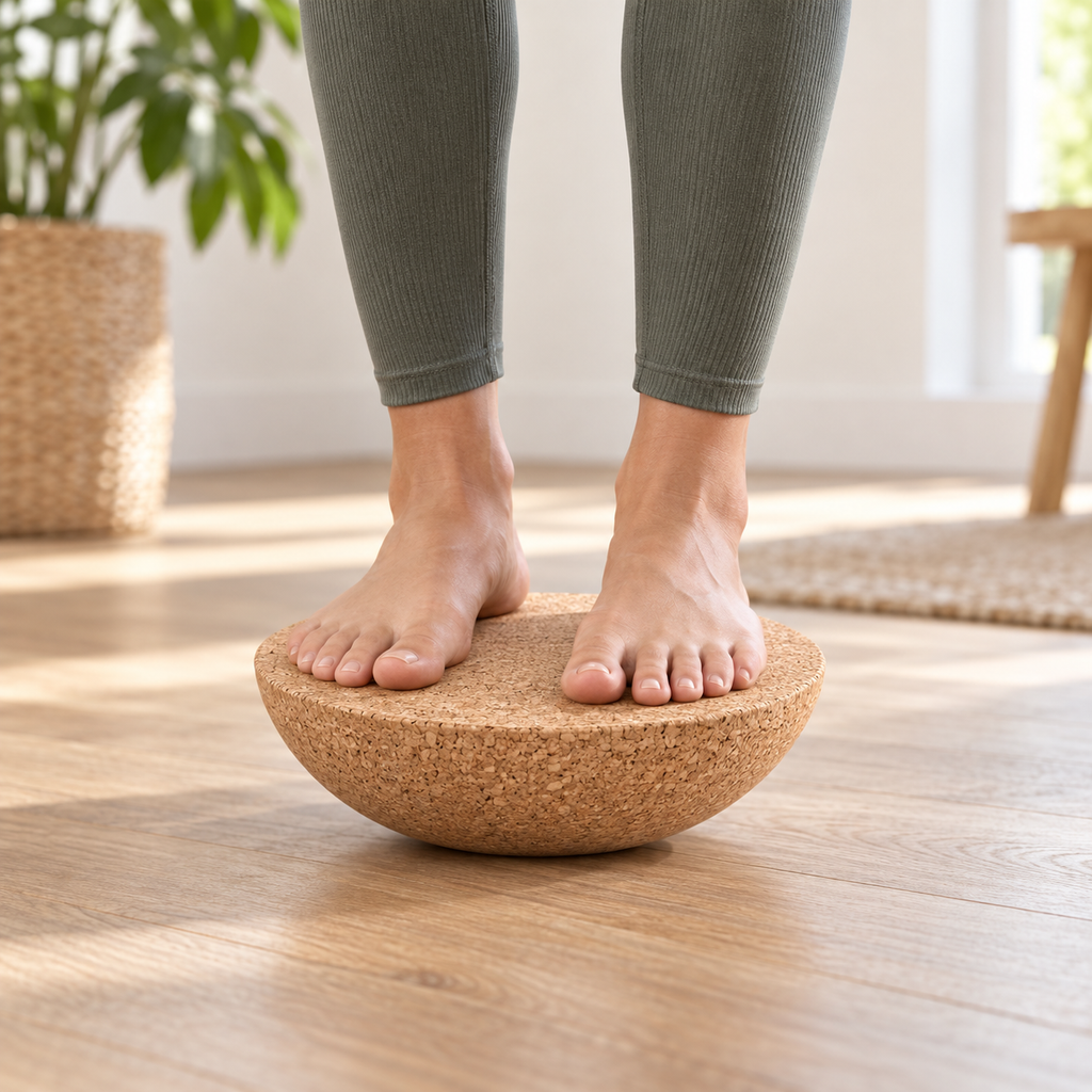 Cork Half-Moon Balance Board used with both feet on the flat top for balance training on a level floor