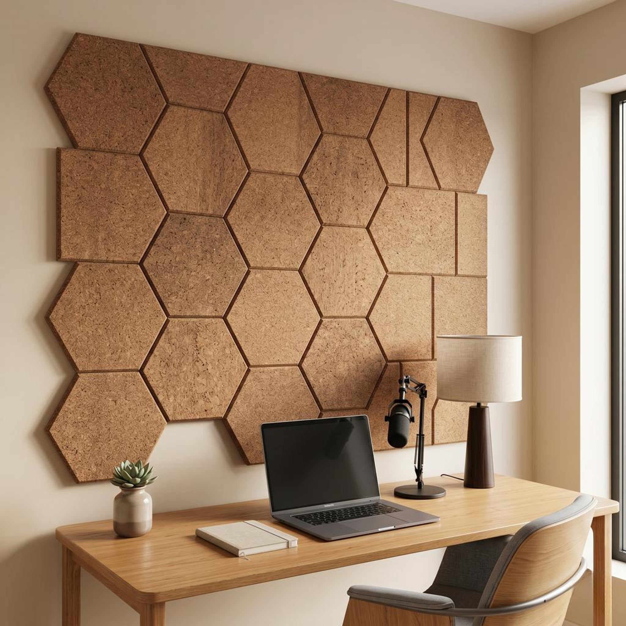 Natural cork hexagon wall tiles installed in a modern office