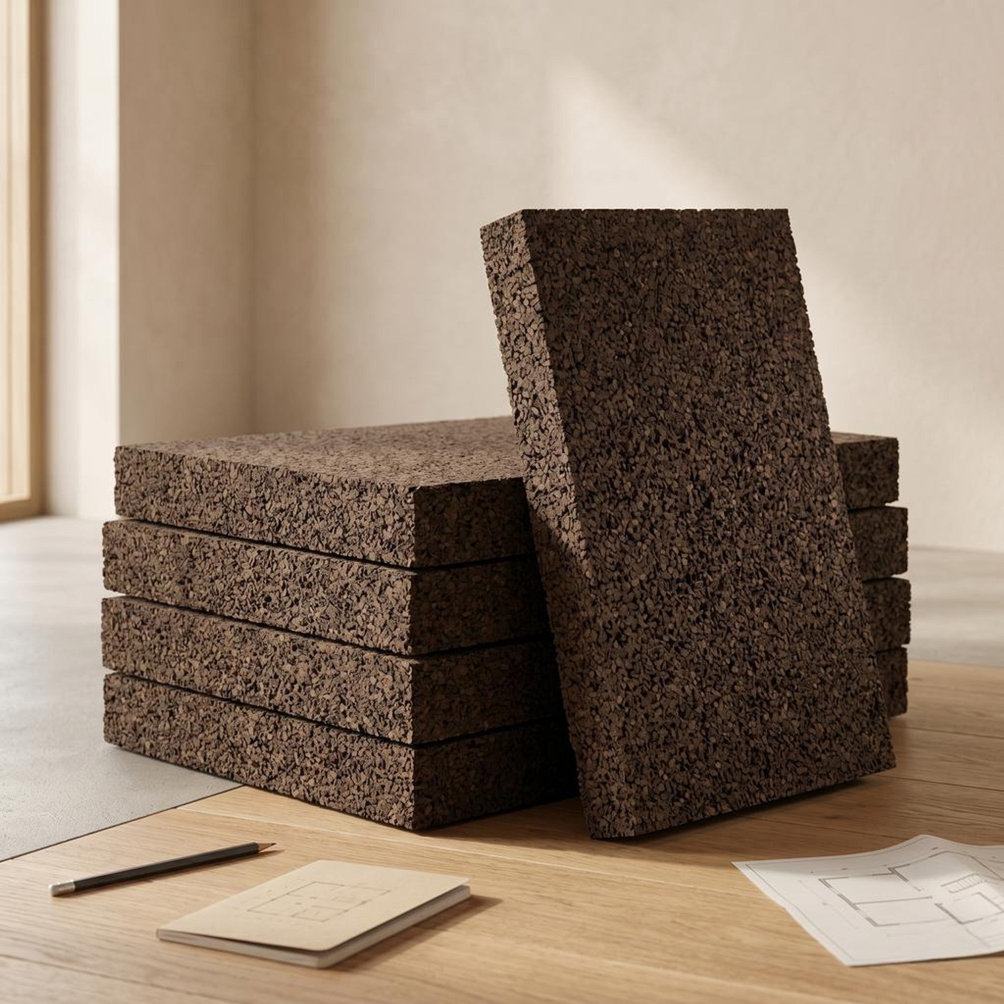 Stacked expanded cork boards showing natural cork texture and thickness