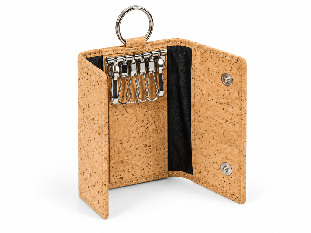 Cork Key Case Natural Finish — angled open studio view