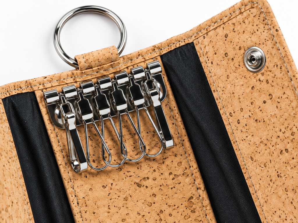 Cork Key Case — macro detail of cork, stitching, snap closure and metal key hardware