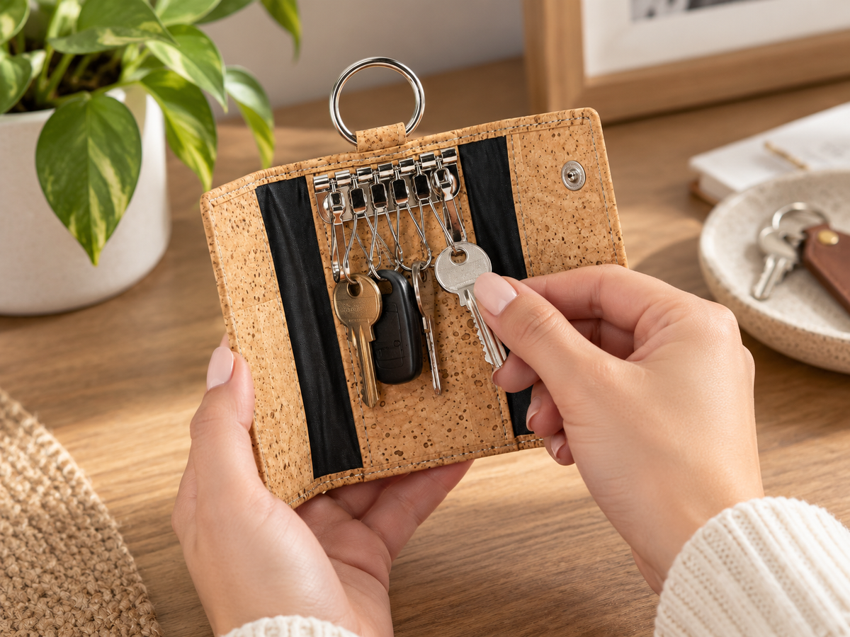 Cork Key Case Natural Finish — key being placed on internal hook