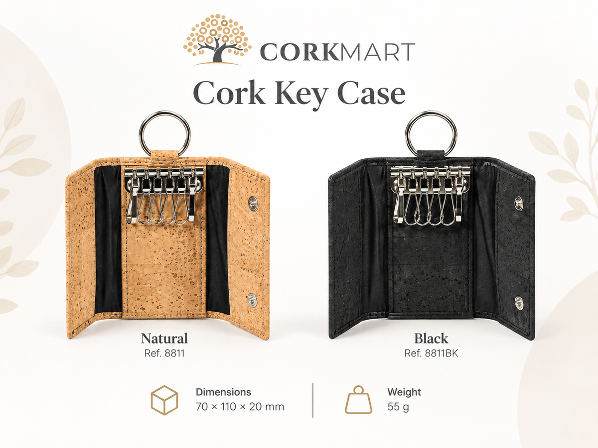 CorkMart infographic — Cork Key Case Natural Ref. 8811 and Black Ref. 8811BK, 70 × 110 × 20 mm, 55 g