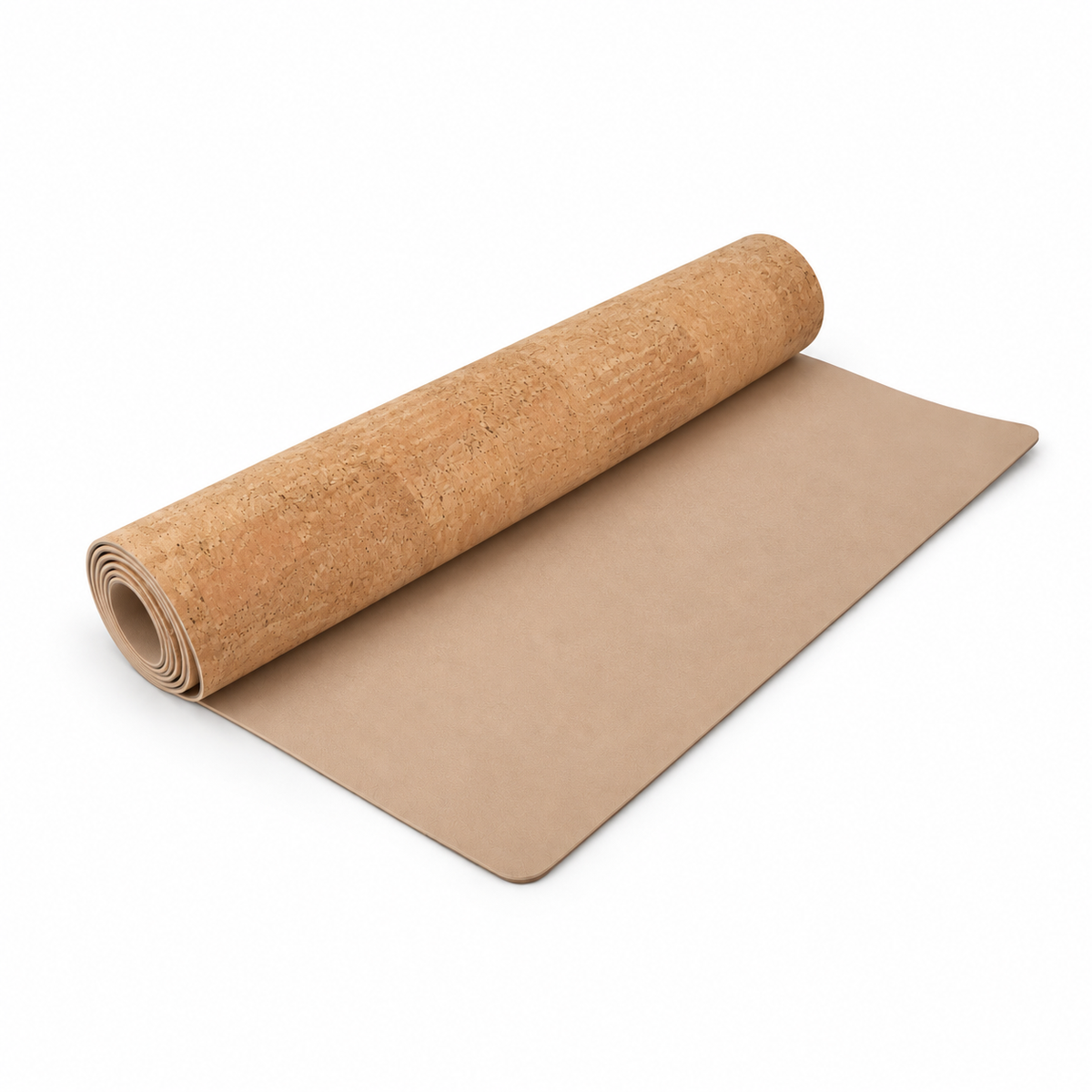 Cork & Latex Yoga Mat 4 mm, angled studio view showing cork surface and latex backing