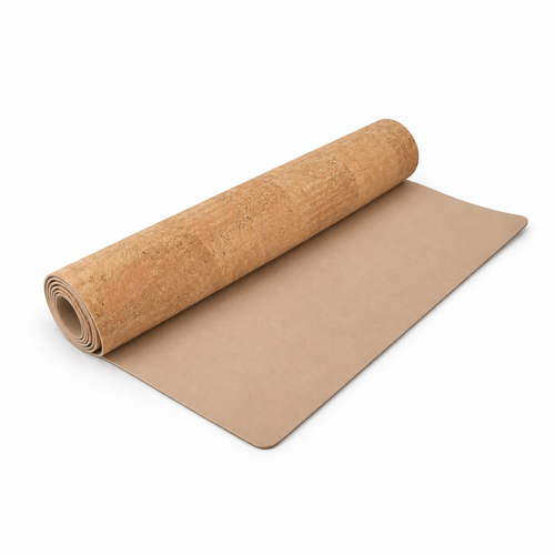 Cork & Latex Yoga Mat 4 mm, angled studio view showing cork surface and latex backing