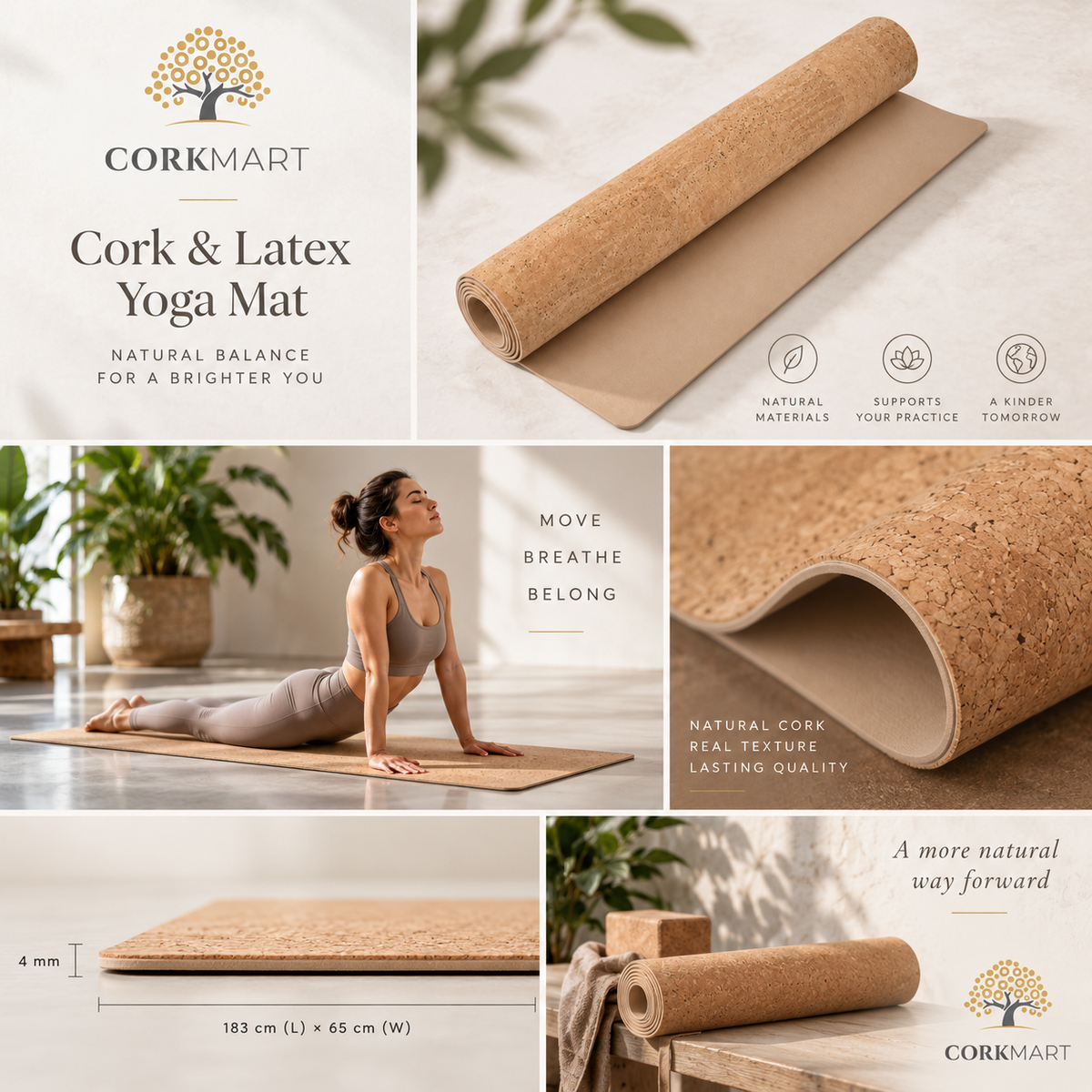 Cork & Latex Yoga Mat editorial collage with official CorkMart logo, real use, cork texture and 183 × 65 cm dimensions