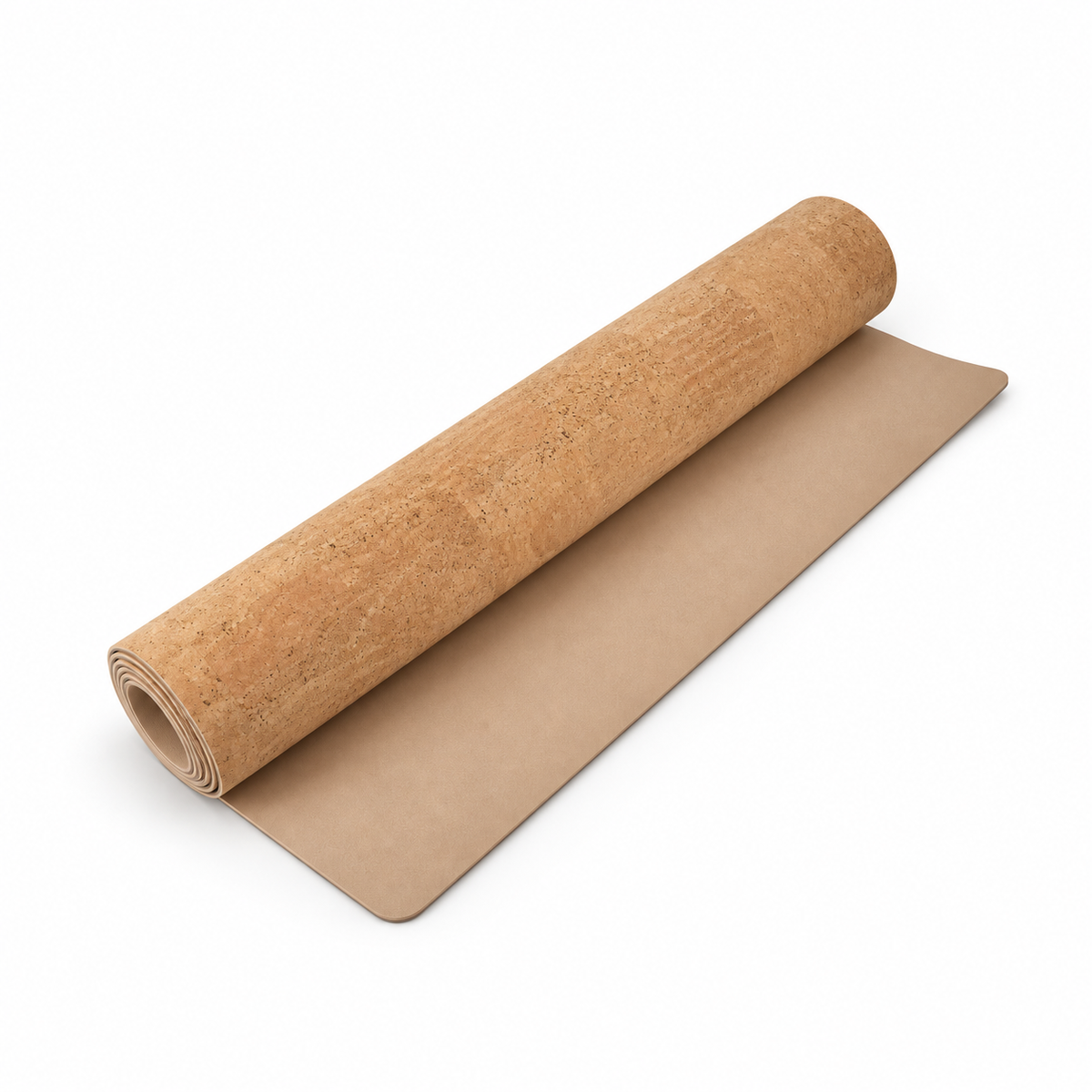 Cork & Latex Yoga Mat 4 mm, 183 × 65 cm, partially rolled on white background