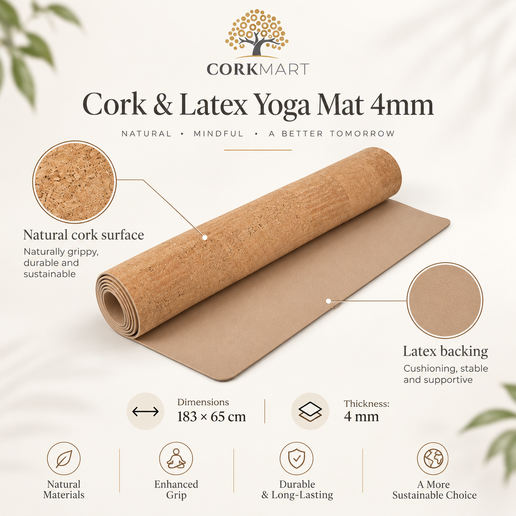 Cork & Latex Yoga Mat infographic with official CorkMart logo, 183 × 65 cm dimensions, 4 mm thickness, cork surface and latex backing
