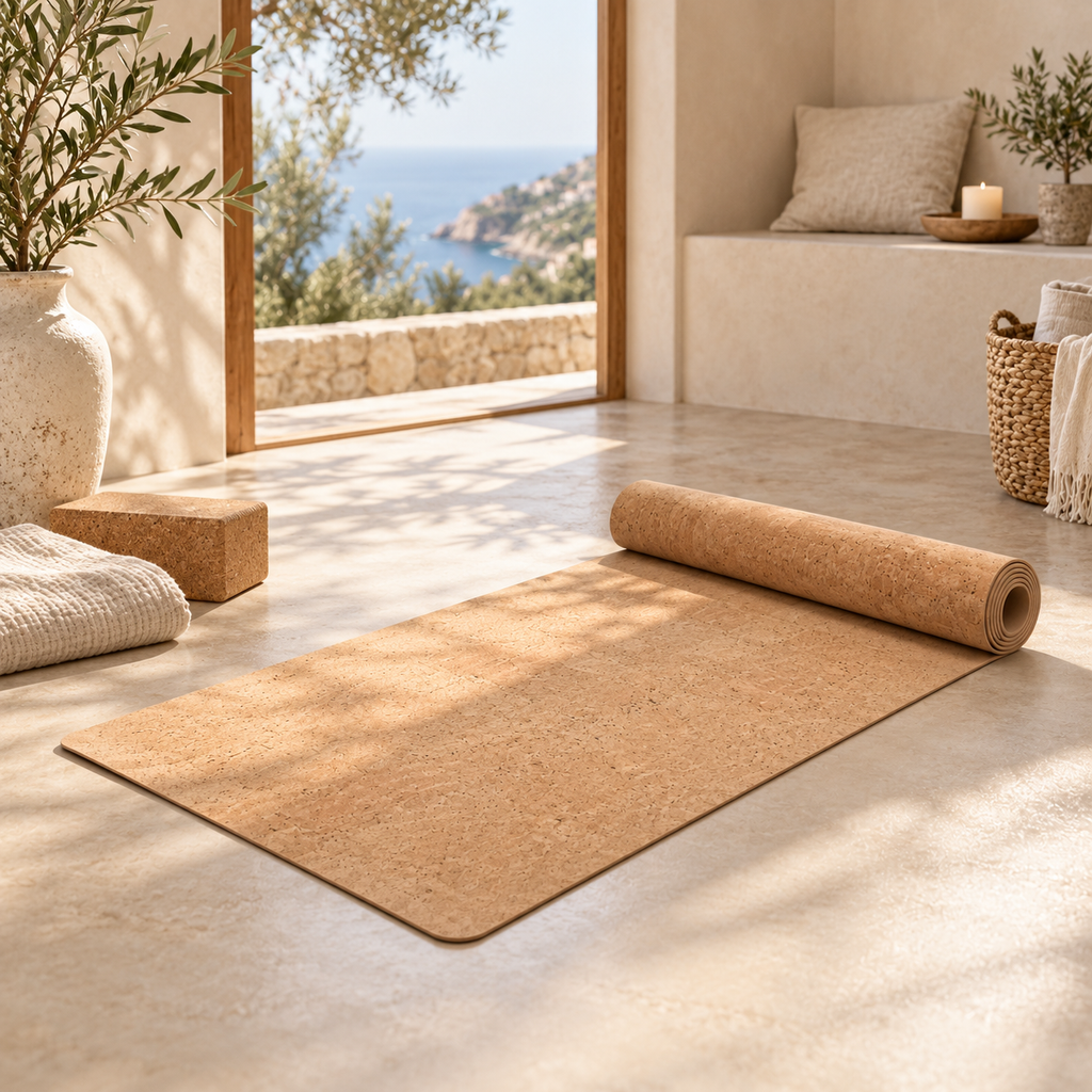 Cork & Latex Yoga Mat in a warm Mediterranean-inspired wellness space