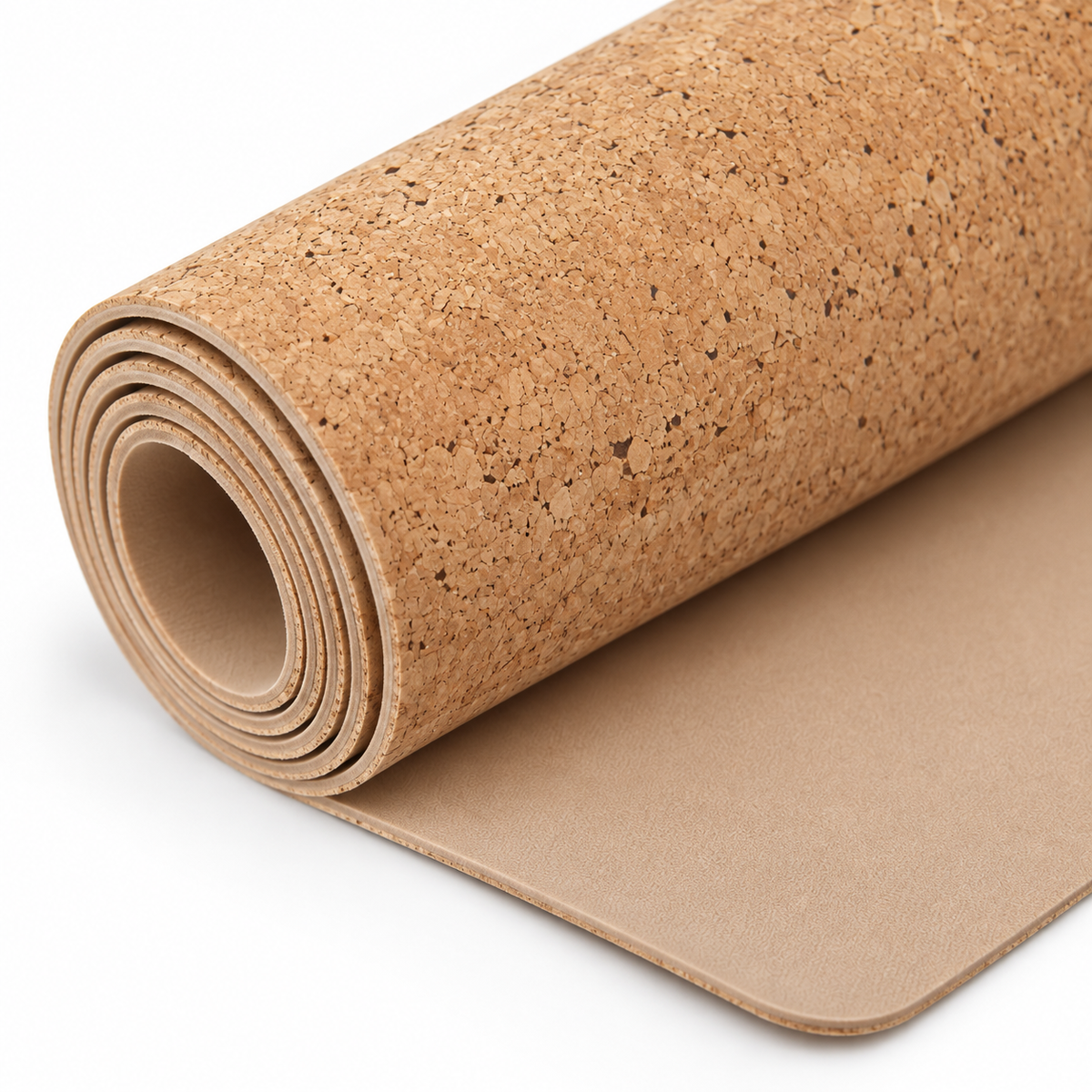Macro detail of cork textile surface, latex backing and 4 mm profile on Cork & Latex Yoga Mat