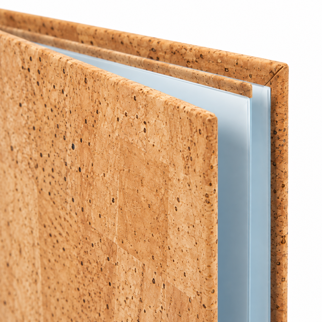 Cork Menu Cover Ref. 8881 — macro detail of natural cork fabric and cover edge