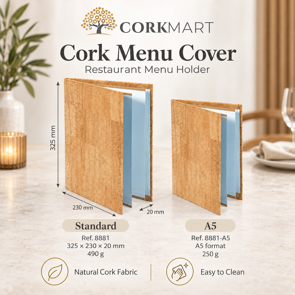 CorkMart infographic — Cork Menu Cover Standard Ref. 8881 and A5 Ref. 8881-A5