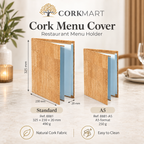 CorkMart infographic — Cork Menu Cover Standard Ref. 8881 and A5 Ref. 8881-A5