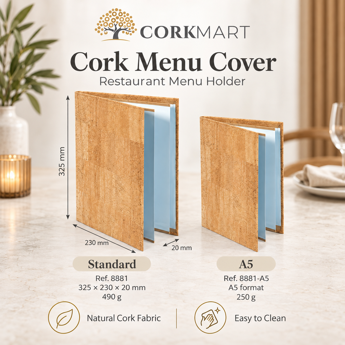 CorkMart infographic — Cork Menu Cover Standard Ref. 8881 and A5 Ref. 8881-A5