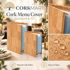 CorkMart editorial collage — Cork Menu Cover Standard and A5 in natural cork fabric