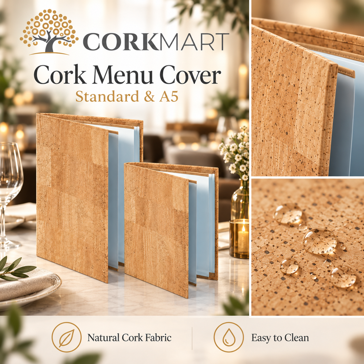 CorkMart editorial collage — Cork Menu Cover Standard and A5 in natural cork fabric
