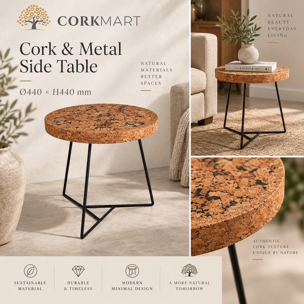 Cork & Metal Side Table editorial collage with official CorkMart logo, real use, patterned cork texture and dimensions