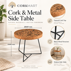 Cork & Metal Side Table infographic with official CorkMart logo, Ø440 × H440 mm dimensions, patterned cork top and black metal structure