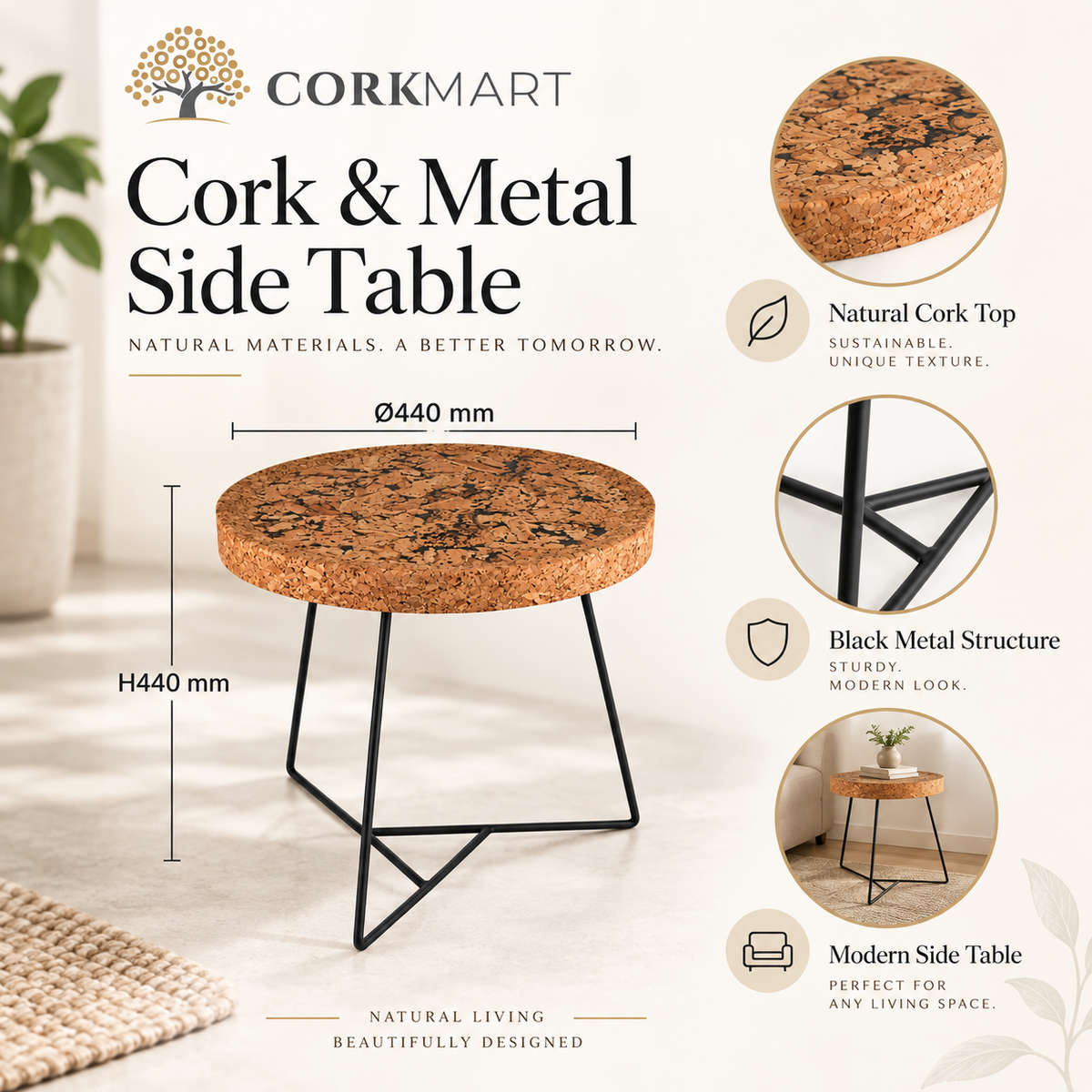 Cork & Metal Side Table infographic with official CorkMart logo, Ø440 × H440 mm dimensions, patterned cork top and black metal structure