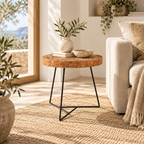 Cork & Metal Side Table in a warm Mediterranean-inspired living room