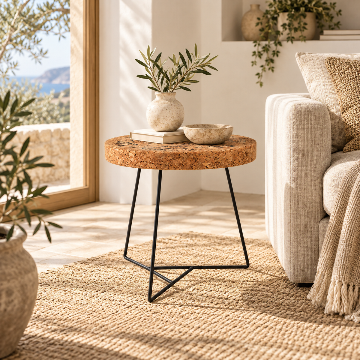 Cork & Metal Side Table in a warm Mediterranean-inspired living room
