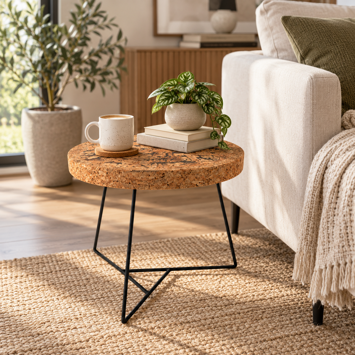 Cork & Metal Side Table used beside a sofa with coffee, books and a plant