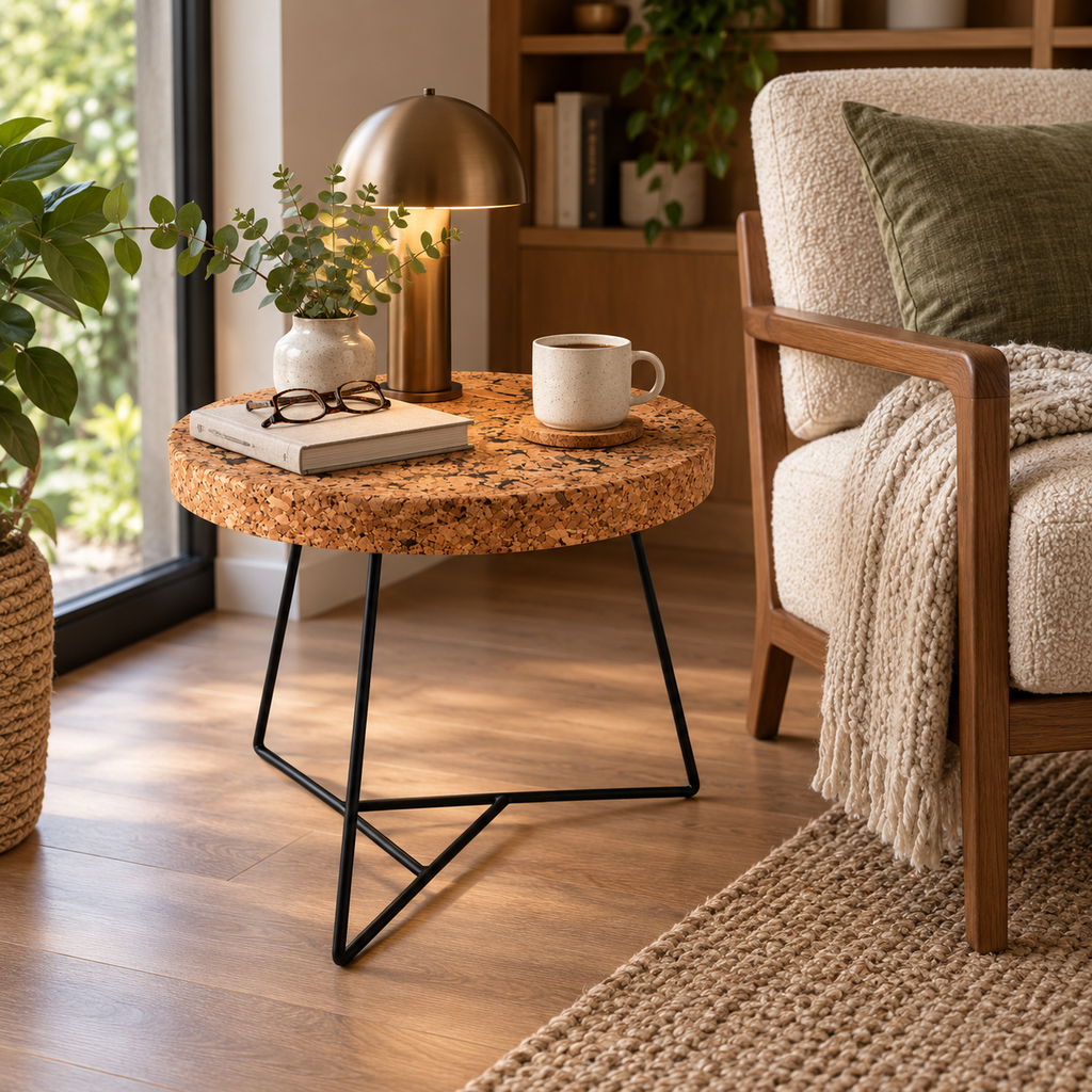Cork & Metal Side Table used as a reading-side table with lamp, book and coffee