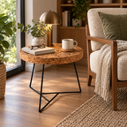 Cork & Metal Side Table used as a reading-side table with lamp, book and coffee