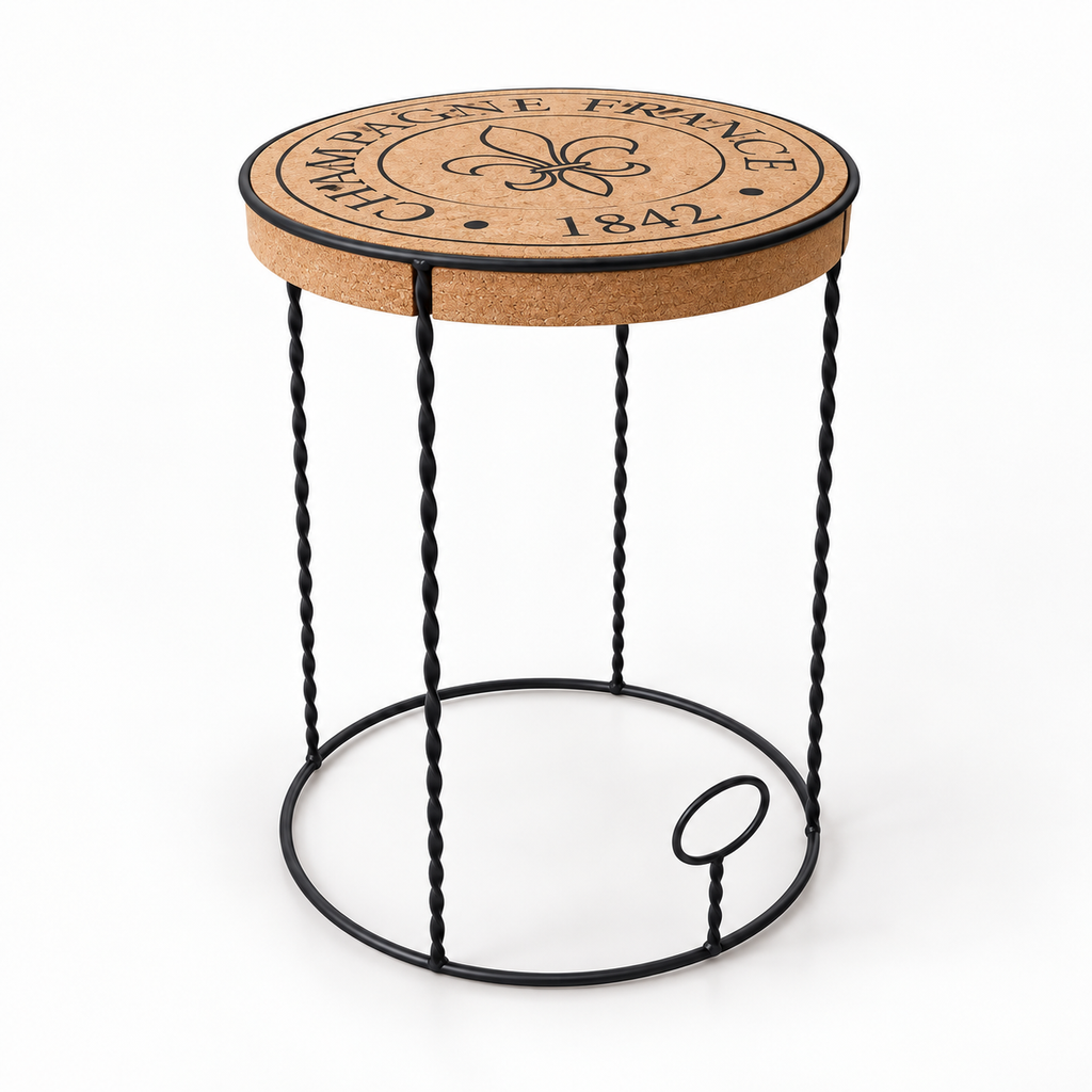 Cork & Metal Table, angled studio view showing round cork top and open black metal frame