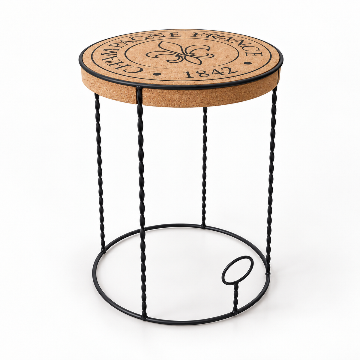 Cork & Metal Table, angled studio view showing round cork top and open black metal frame