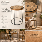 Cork & Metal Table editorial collage with real use, cork texture, black metal structure and dimensions