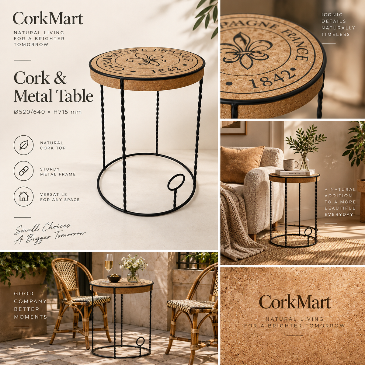 Cork & Metal Table editorial collage with real use, cork texture, black metal structure and dimensions